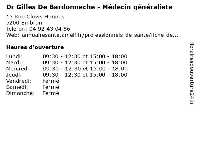 Dr Gilles De Bardonneche - Médecin généraliste à Embrun: adresse et heures d'ouverture