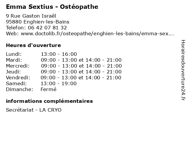 Emma Sextius - Ostéopathe à Enghien-les-Bains: adresse et heures d'ouverture