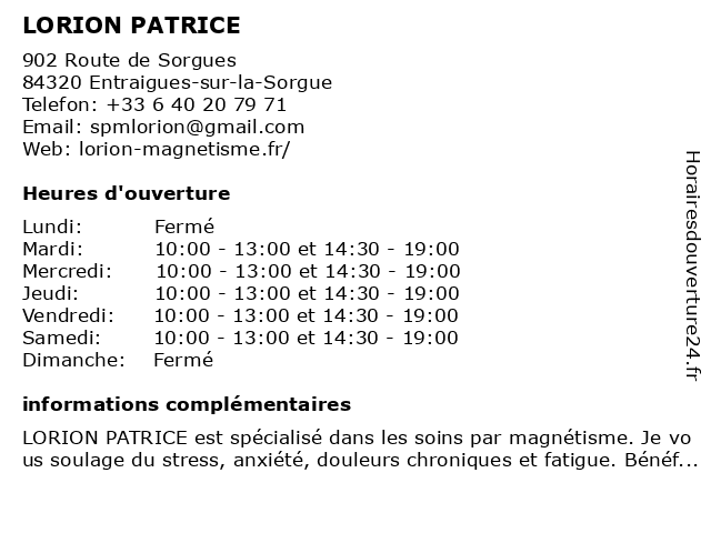 LORION PATRICE à Entraigues-sur-la-Sorgue: adresse et heures d'ouverture