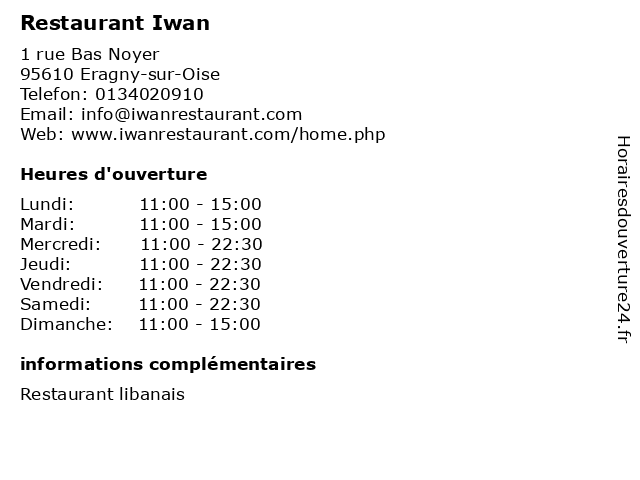 Restaurant Iwan à Eragny-sur-Oise: adresse et heures d'ouverture