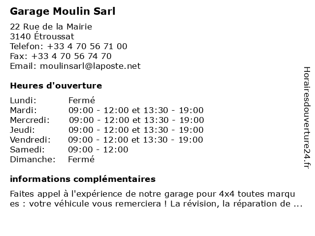 Garage Moulin à Etroussat: adresse et heures d'ouverture