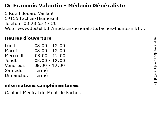 Dr François Valentin - Médecin Généraliste à Faches-Thumesnil: adresse et heures d'ouverture