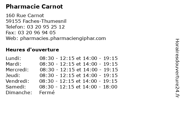 Pharmacie Carnot à Faches-Thumesnil: adresse et heures d'ouverture