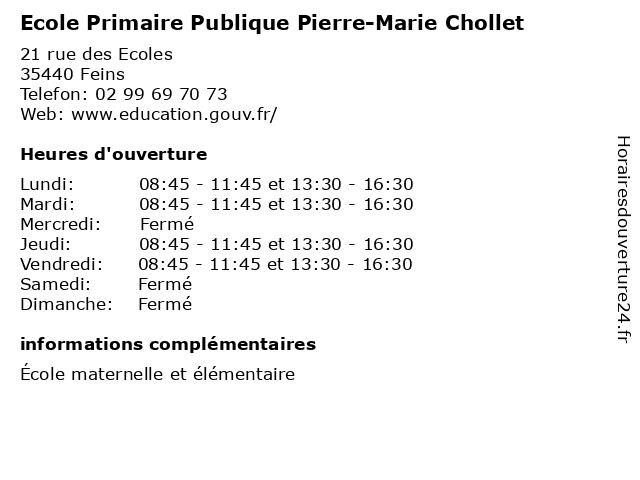 Ecole Primaire Publique Pierre-Marie Chollet à Feins: adresse et heures d'ouverture