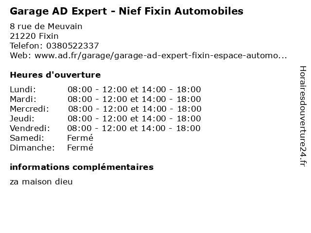 Garage AD Expert - Nief Fixin Automobiles à Fixin: adresse et heures d'ouverture