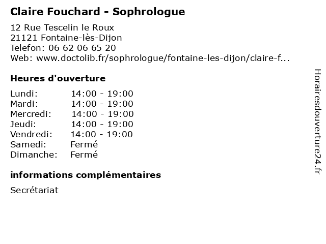 Claire Fouchard - Sophrologue à Fontaine-lès-Dijon: adresse et heures d'ouverture