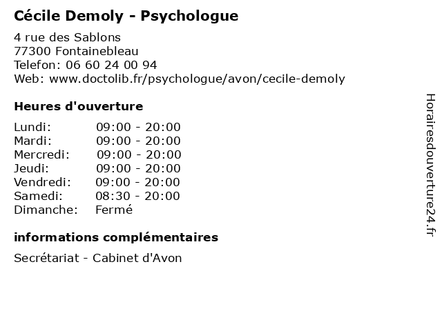Cécile Demoly - Psychologue à Fontainebleau: adresse et heures d'ouverture