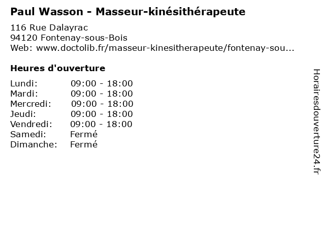 Paul Wasson - Masseur-kinésithérapeute à Fontenay-sous-Bois: adresse et heures d'ouverture