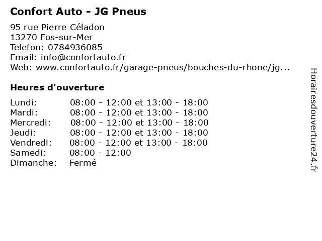 Confort Auto - JG Pneus à Fos-sur-Mer: adresse et heures d'ouverture