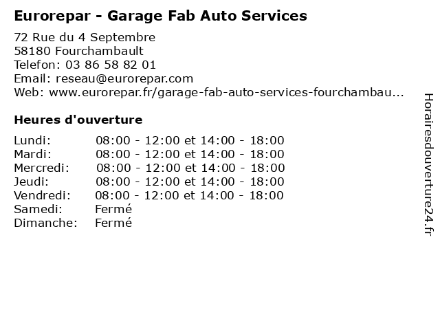 Eurorepar - Garage Fab Auto Services à Fourchambault: adresse et heures d'ouverture
