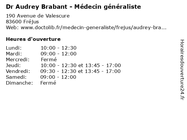 Dr Audrey Brabant - Médecin généraliste à Fréjus: adresse et heures d'ouverture