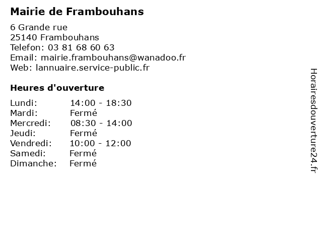 Mairie de Frambouhans à Frambouhans: adresse et heures d'ouverture