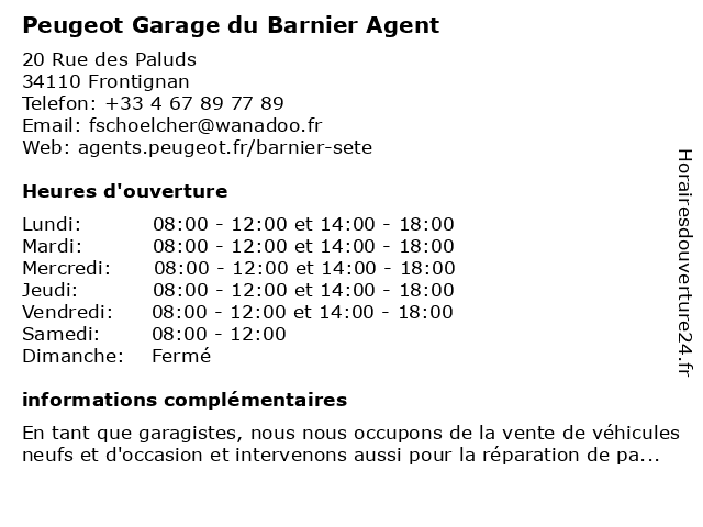 Peugeot Garage du Barnier Agent à Frontignan: adresse et heures d'ouverture