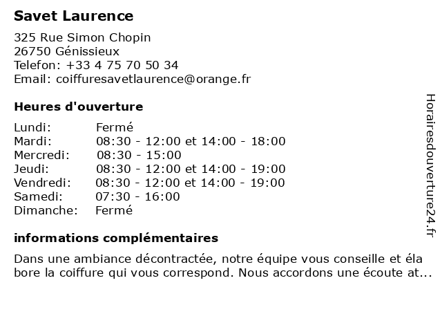 Savet Laurence à Génissieux: adresse et heures d'ouverture