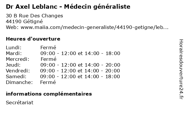 Dr Axel Leblanc - Médecin généraliste à Gétigné: adresse et heures d'ouverture