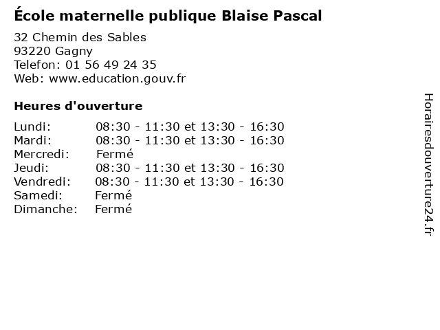 École maternelle publique Blaise Pascal à Gagny: adresse et heures d'ouverture