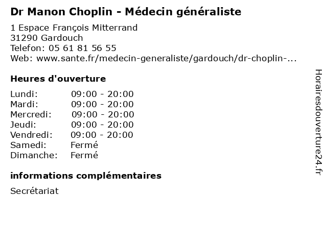 Dr Manon Choplin - Médecin généraliste à Gardouch: adresse et heures d'ouverture