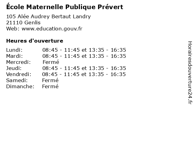 École Maternelle Publique Prévert à Genlis: adresse et heures d'ouverture