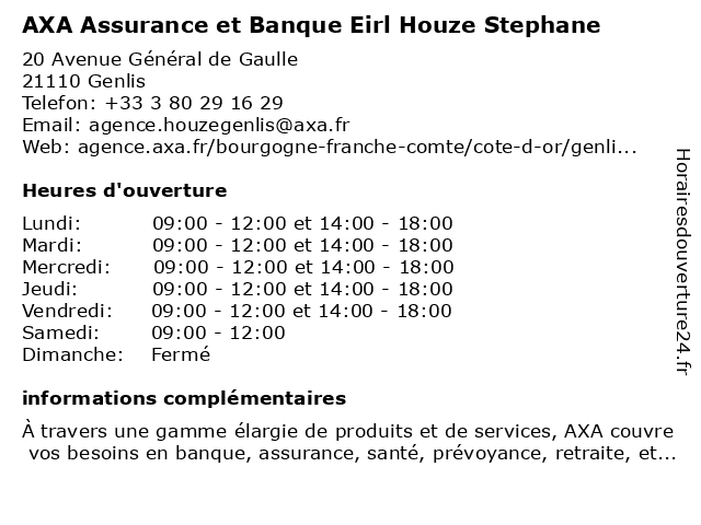 AXA Assurance et Banque Eirl Houze Stephane à Genlis: adresse et heures d'ouverture