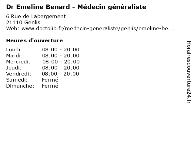 Dr Emeline Benard - Médecin généraliste à Genlis: adresse et heures d'ouverture