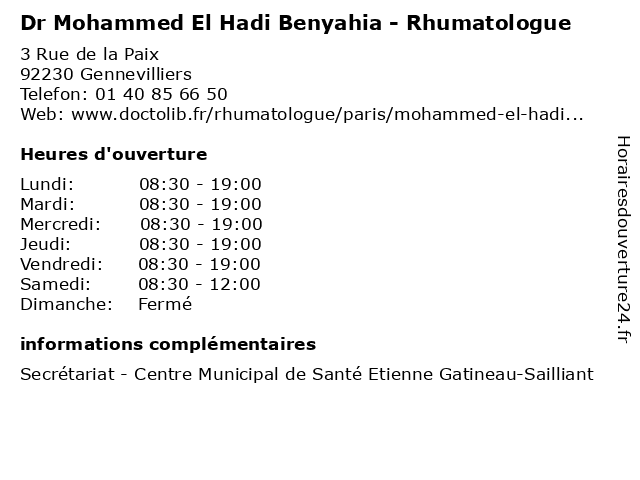 Dr Mohammed El Hadi Benyahia - Rhumatologue à Gennevilliers: adresse et heures d'ouverture