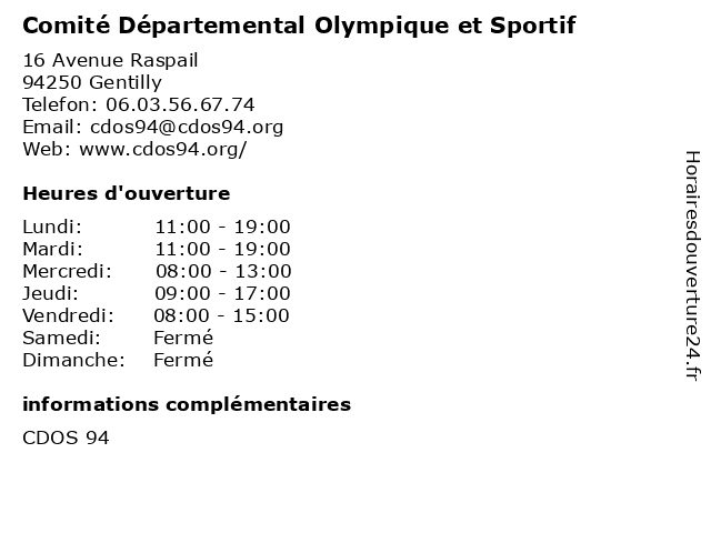 Comité Départemental Olympique et Sportif à Gentilly: adresse et heures d'ouverture