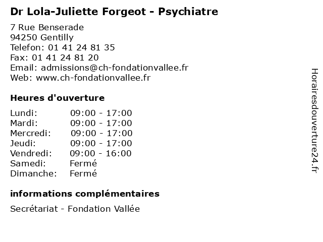 Dr Lola-Juliette Forgeot - Psychiatre à Gentilly: adresse et heures d'ouverture