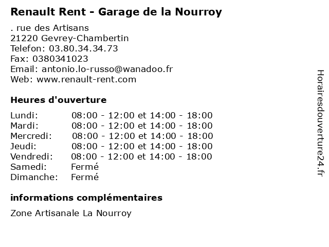 Renault Rent - Garage de la Nourroy à Gevrey-Chambertin: adresse et heures d'ouverture