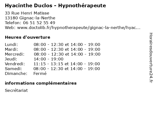 Hyacinthe Duclos - Hypnothérapeute à Gignac-la-Nerthe: adresse et heures d'ouverture