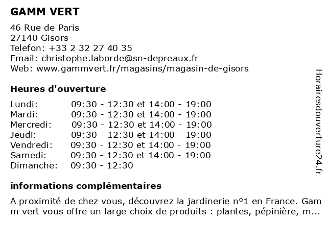 ᐅ horaires d ouverture gamm vert 46 route de paris a gisors