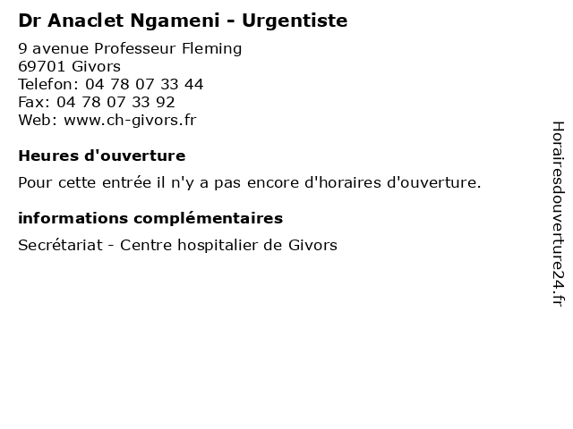 Dr Anaclet Ngameni - Urgentiste à Givors: adresse et heures d'ouverture