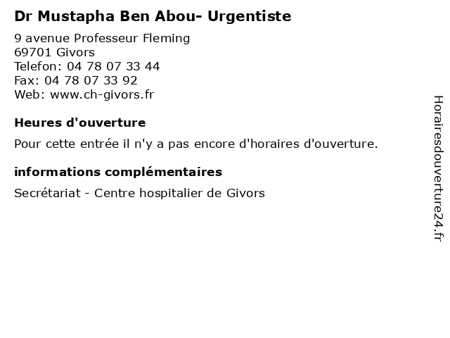 Dr Mustapha Ben Abou- Urgentiste à Givors: adresse et heures d'ouverture