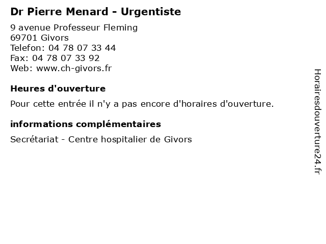 Dr Pierre Menard - Urgentiste à Givors: adresse et heures d'ouverture
