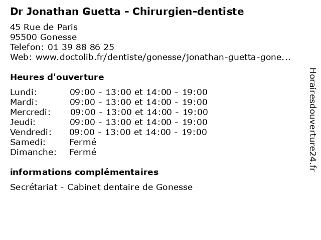 Dr Jonathan Guetta - Chirurgien-dentiste à Gonesse: adresse et heures d'ouverture