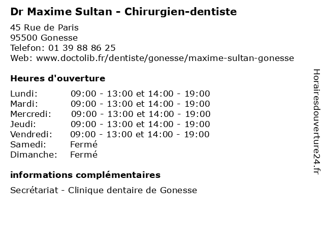 Dr Maxime Sultan - Chirurgien-dentiste à Gonesse: adresse et heures d'ouverture