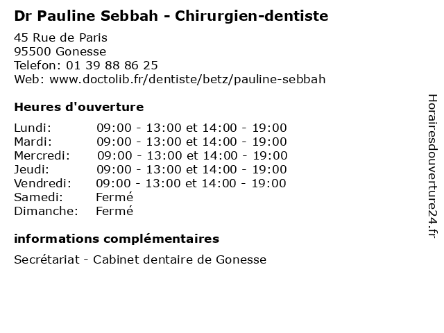 Dr Pauline Sebbah - Chirurgien-dentiste à Gonesse: adresse et heures d'ouverture