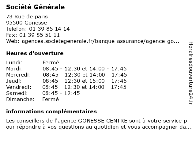 Société Générale à Gonesse: adresse et heures d'ouverture