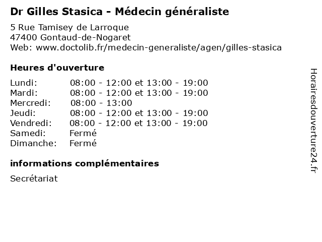 Dr Gilles Stasica - Médecin généraliste à Gontaud-de-Nogaret: adresse et heures d'ouverture