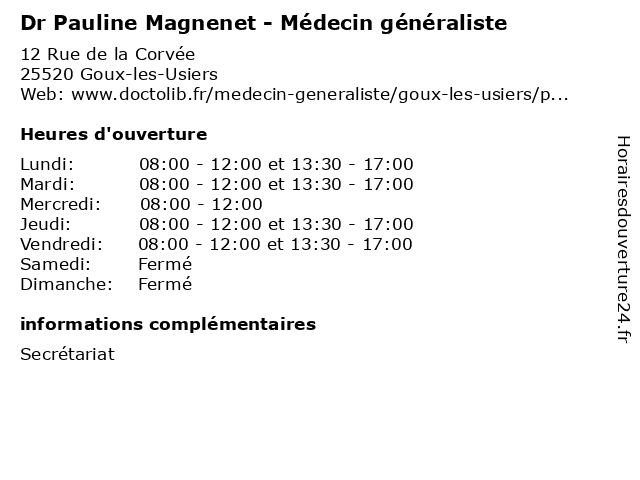 Dr Pauline Magnenet - Médecin généraliste à Goux-les-Usiers: adresse et heures d'ouverture