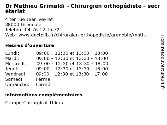 Dr Mathieu Grimaldi - Chirurgien orthopédiste - secrétariat à Grenoble: adresse et heures d'ouverture