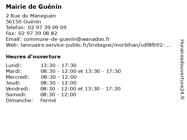 Mairie de Guénin à Guénin: adresse et heures d'ouverture