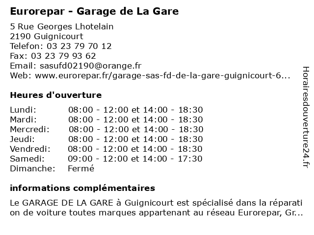 Eurorepar - Garage de La Gare à Guignicourt: adresse et heures d'ouverture