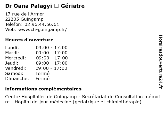 Dr Oana Palagyi – Gériatre à Guingamp: adresse et heures d'ouverture