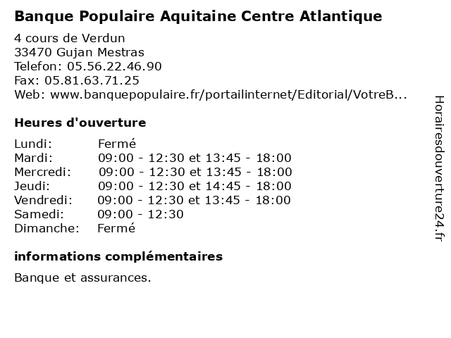 Banque Populaire Aquitaine Centre Atlantique à Gujan Mestras: adresse et heures d'ouverture