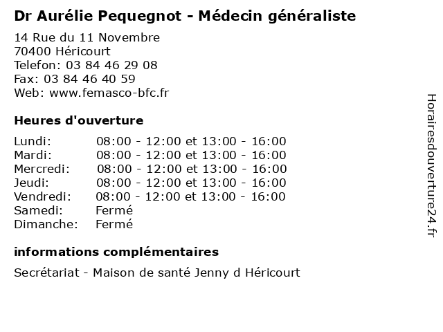 Dr Aurélie Pequegnot - Médecin généraliste à Héricourt: adresse et heures d'ouverture