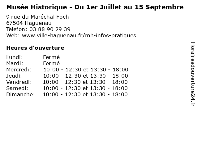 Musée Historique - Du 1er Juillet au 15 Septembre à Haguenau: adresse et heures d'ouverture