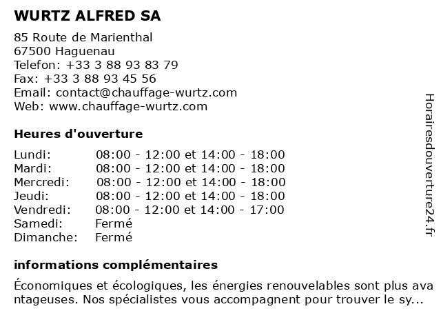 WURTZ ALFRED SA à Haguenau: adresse et heures d'ouverture