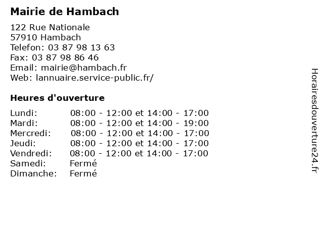 Mairie de Hambach à Hambach: adresse et heures d'ouverture