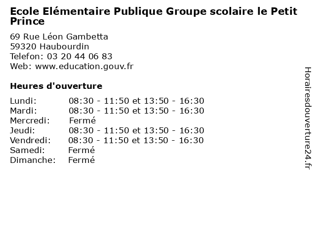 Ecole Elémentaire Publique Groupe scolaire le Petit Prince à Haubourdin: adresse et heures d'ouverture