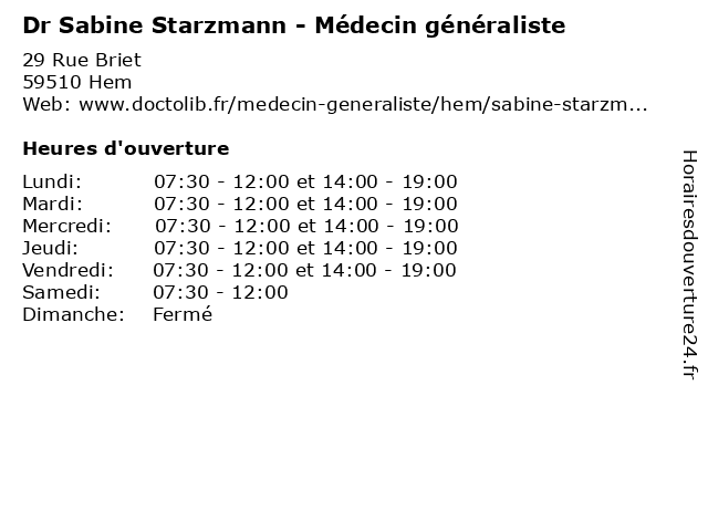 Dr Sabine Starzmann - Médecin généraliste à Hem: adresse et heures d'ouverture
